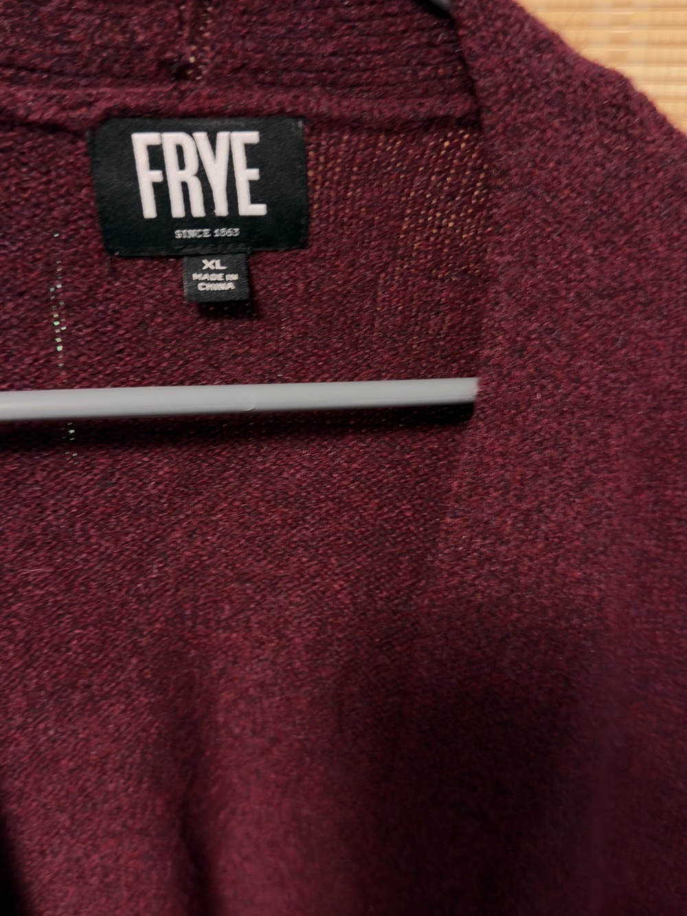 FRYE Burgundy Open-Front Cardigan with Cream Geometric Trim - Picture 2 of 3